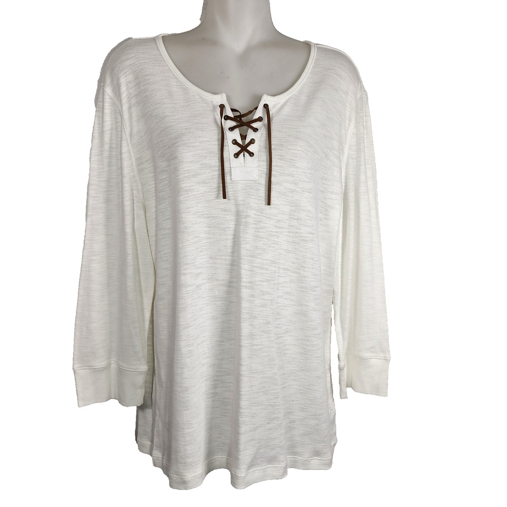 Chaps Denim Women's Top XL White Slub Knit Brown Lace Up 3/4 Sleeve Boho Western